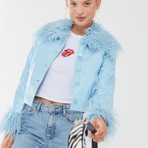 ISO UO Mia Pleather Faux Fur Trim Jacket Baby Blue